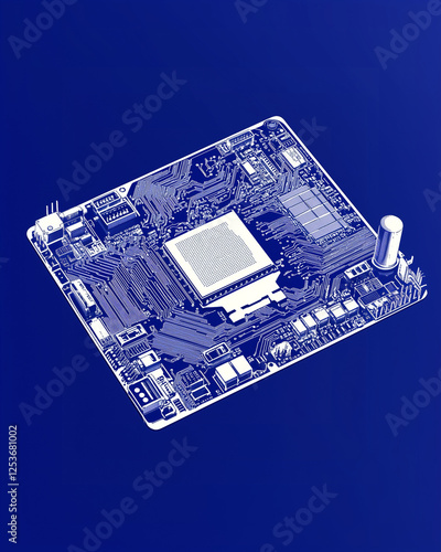 Dessin lignes blanches sur flond bleu représentant une puce informatique, carte mère avec composants intégrée dans un ordinateur, symbolisme de la miniaturisation et de la tech