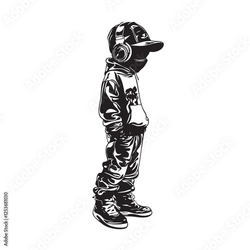Vector of a cool young boy in a hoodie, cap, and headphones, hands in pockets, exuding urban street style and attitude.