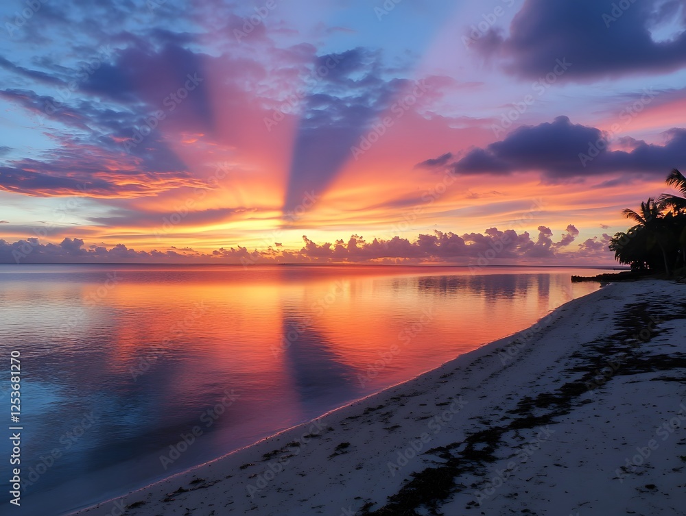 Obraz premium Stunning Tropical Sunset Beach Scene Vibrant Colors Ocean Sky
