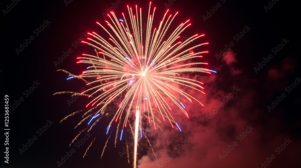 Bright red and gold fireworks explode in the night sky, creating a stunning display of light and color. Ideal for celebrations, festivals, and New Year's Eve themes. Bright red and gold fireworks explode in the night sky, creating a stunning display of light and color. Ideal for celebrations, festivals, and New Year's Eve themes.
