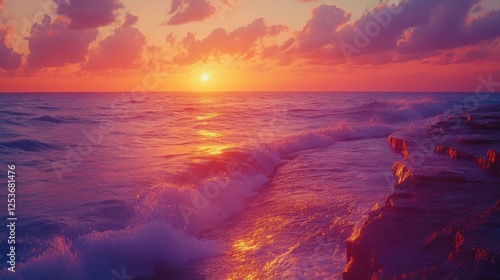 Serene sunset over ocean waves crashing on rocky shore, with vibrant colors and dramatic clouds