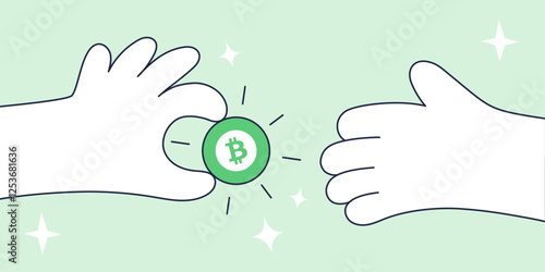 Vector illustration of a Bitcoin Cash (BCH) transaction represented by hands sharing a green BCH cryptocurrency token
