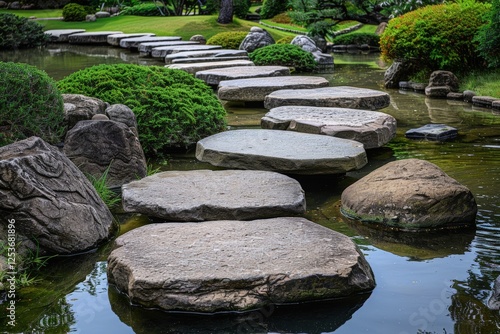 Large flat stepping stones form a tranquil path across a pond surrounded by lush greenery in traditional Japanese garden, reflections in the water enhance the harmony and natural beauty setting.