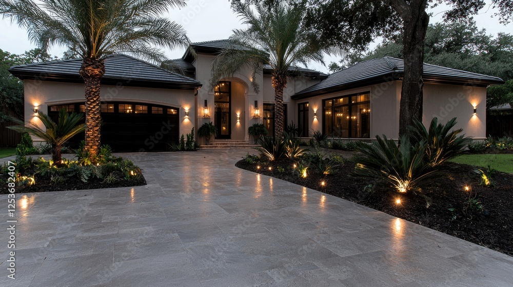Fototapeta premium Luxurious modern home, evening lighting, palm trees, driveway