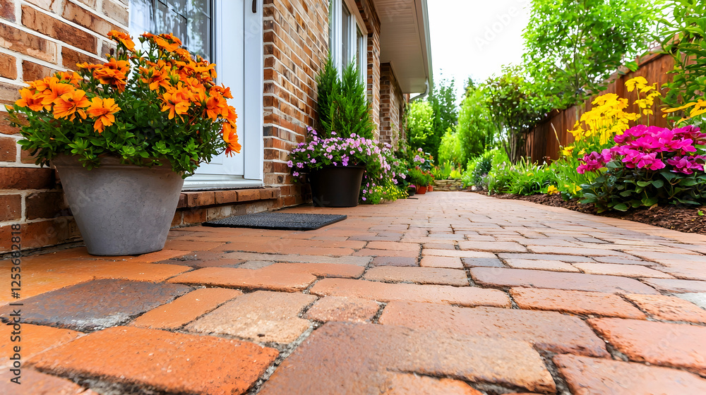 Fototapeta premium Brick pathway, colorful flowers, home entrance, lush garden