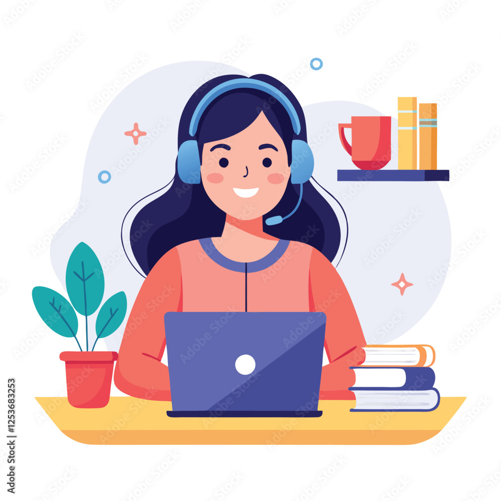 Woman in headphones, studying at laptop. Happy female student watching business webinar. Video conference call, remote work communication. Flat vector illustration isolated on white background