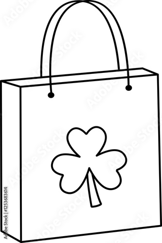 Shopping paper  bag with clover pattern outline. 
St. Patrick's day  gift bag coloring pages isolated. 
Transparent background.	