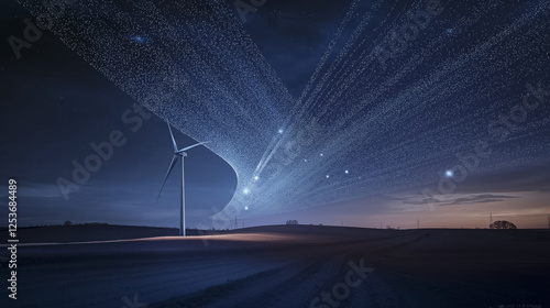 digital cascade of dots forms wind turbine against night sky, creating futuristic and serene landscape. scene captures essence of renewable energy and technological advancement