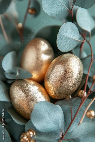 gold Easter eggs nestled among vibrant eucalyptus leaves photo