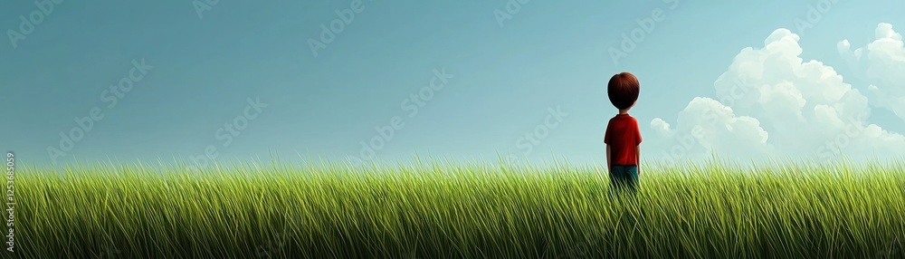 Child standing in a field, contemplation, nature, peaceful scene, stock photo Child standing in a field, contemplation, nature, peaceful scene, stock photo