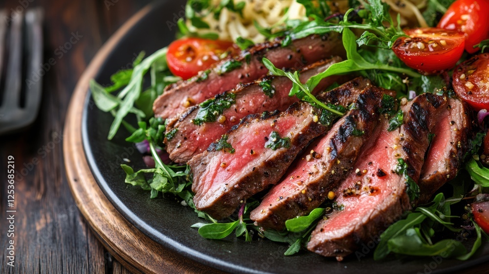 Grilled steak with fresh arugula and cherry tomatoes on black plate Grilled steak with fresh arugula and cherry tomatoes on black plate