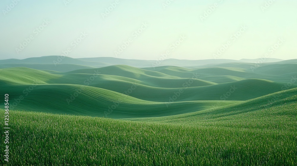 Obraz premium Serene green rolling hills under soft sunlight with a tranquil atmosphere and gentle shadows