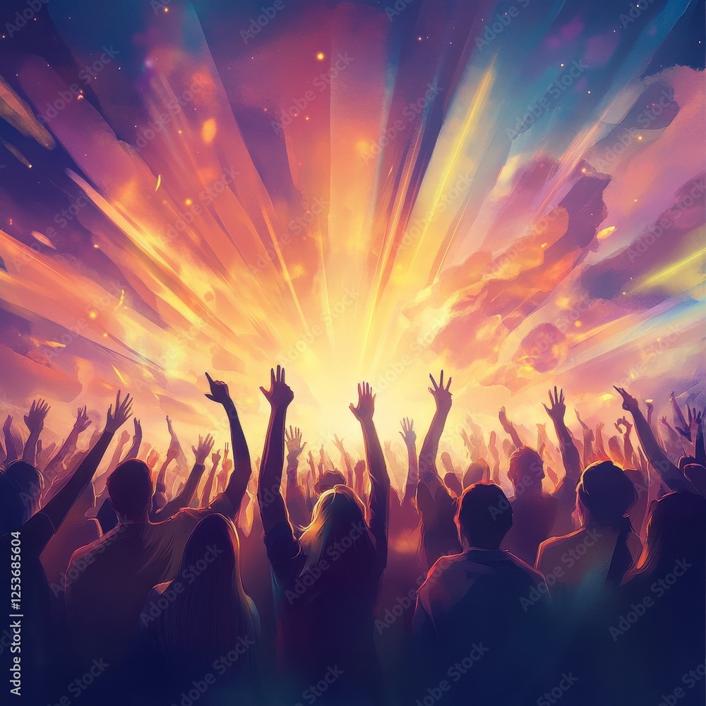 Massive Crowd Celebrating At A Concert Under Colorful Sky and Night Sky Lights with Glowing Sky and Colorful Lights Above The Event Attendees And Crowd Participation With a Bright Atmosphere Of Music Massive Crowd Celebrating At A Concert Under Colorful Sky and Night Sky Lights with Glowing Sky and Colorful Lights Above The Event Attendees And Crowd Participation With a Bright Atmosphere Of Music