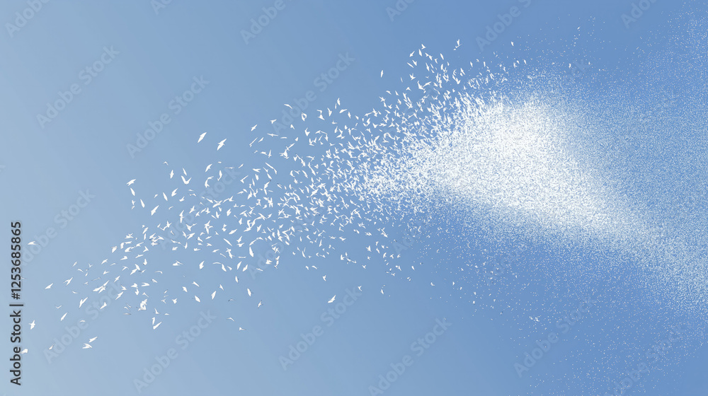 cascade of digital dots transforms into flock of birds against clear blue sky, symbolizing transformation and freedom cascade of digital dots transforms into flock of birds against clear blue sky, symbolizing transformation and freedom