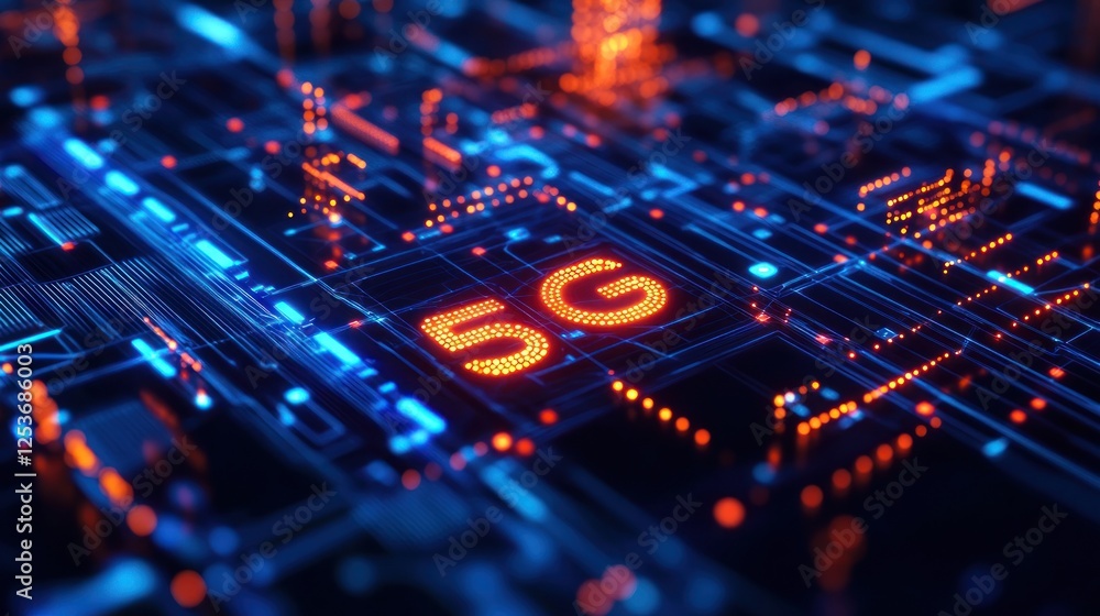 Glowing 5G network on circuit board. Glowing 5G network on circuit board.