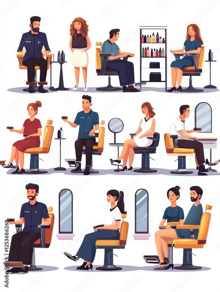 Hairdresser characters. Welcome to barbershop, male female barbers waiting customers. Cartoon isolated man woman stylists empty chairs, haircut accessories and mirrors vector illustration