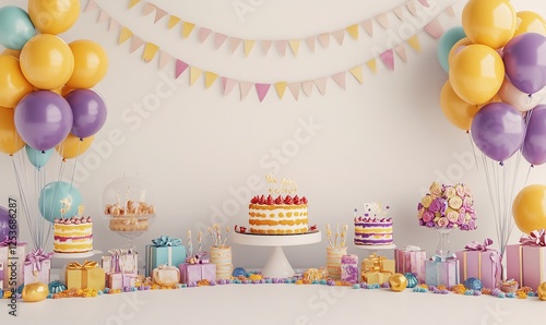 Birthday Party Celebration Decor With Pastel Balloons And Cakes