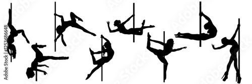 Girls dancing on the pole. Pole dancing. Silhouettes of girls doing acrobatics. Sportswomen, beautiful, exotic dancing