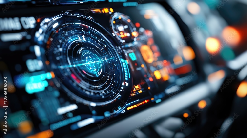Futuristic digital interface with circular HUD elements and glowing lights Futuristic digital interface with circular HUD elements and glowing lights