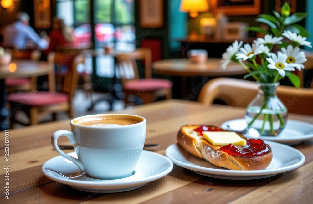 A warm and inviting breakfast scene featuring a steaming cup of freshly brewed coffee paired with golden toasted bread and creamy butter. The setting exudes a cozy and comforting atmosphere A warm and inviting breakfast scene featuring a steaming cup of freshly brewed coffee paired with golden toasted bread and creamy butter. The setting exudes a cozy and comforting atmosphere