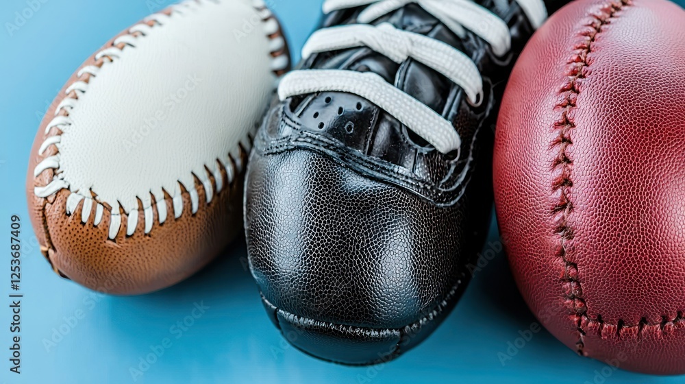 Close-up sports equipment, baseballs, and shoes on a blue background Close-up sports equipment, baseballs, and shoes on a blue background