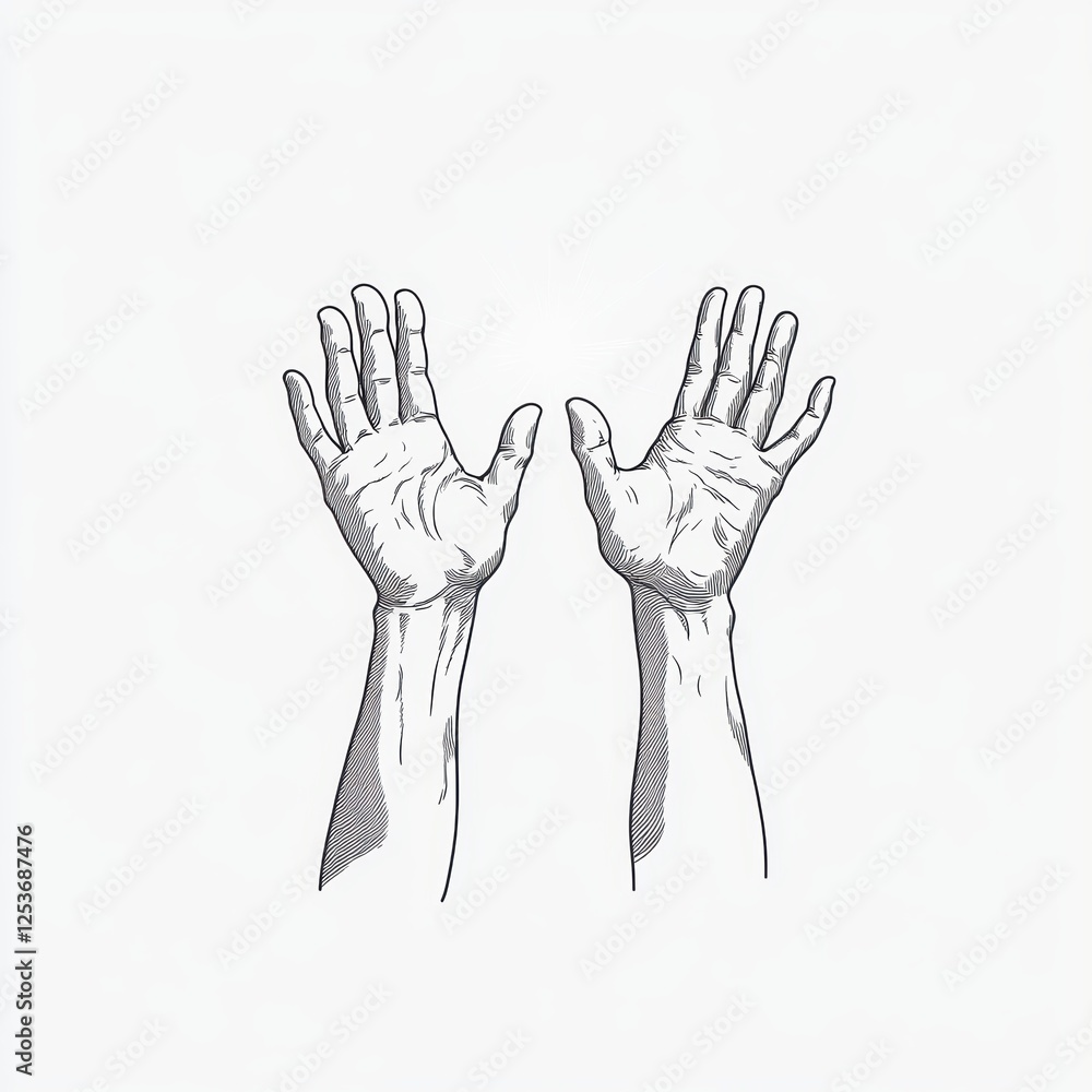 A pair of hands is raised, palms open and facing forward, showcasing the details and contours of the fingers and wrists in a minimalist style. A pair of hands is raised, palms open and facing forward, showcasing the details and contours of the fingers and wrists in a minimalist style.