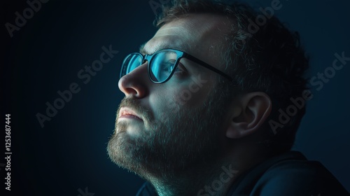 Close Up Portrait Person Looking Upward With Light Blue Dust Particles On Face photo