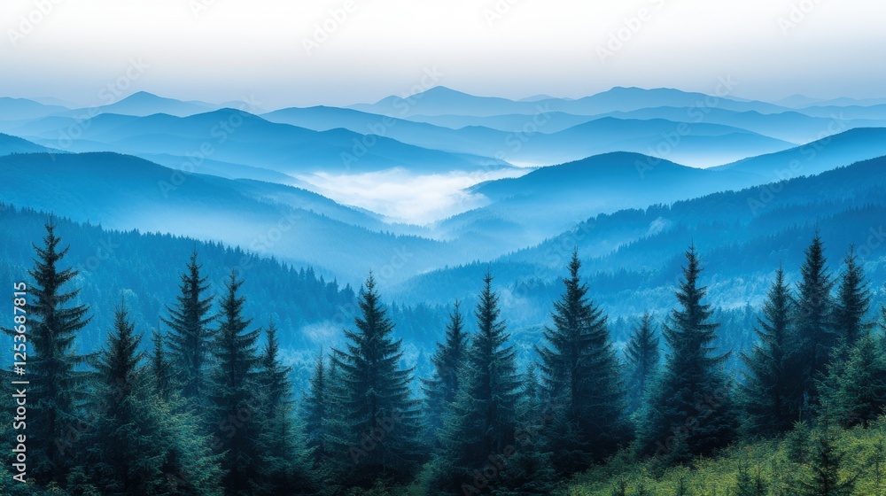 Misty mountain landscape with pine trees in blue hues at dawn Misty mountain landscape with pine trees in blue hues at dawn