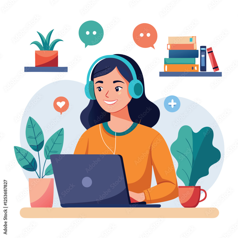 Fototapeta premium Woman in headphones, studying at laptop. Happy female student watching business webinar. Video conference call, remote work communication. Flat vector illustration isolated on white background
