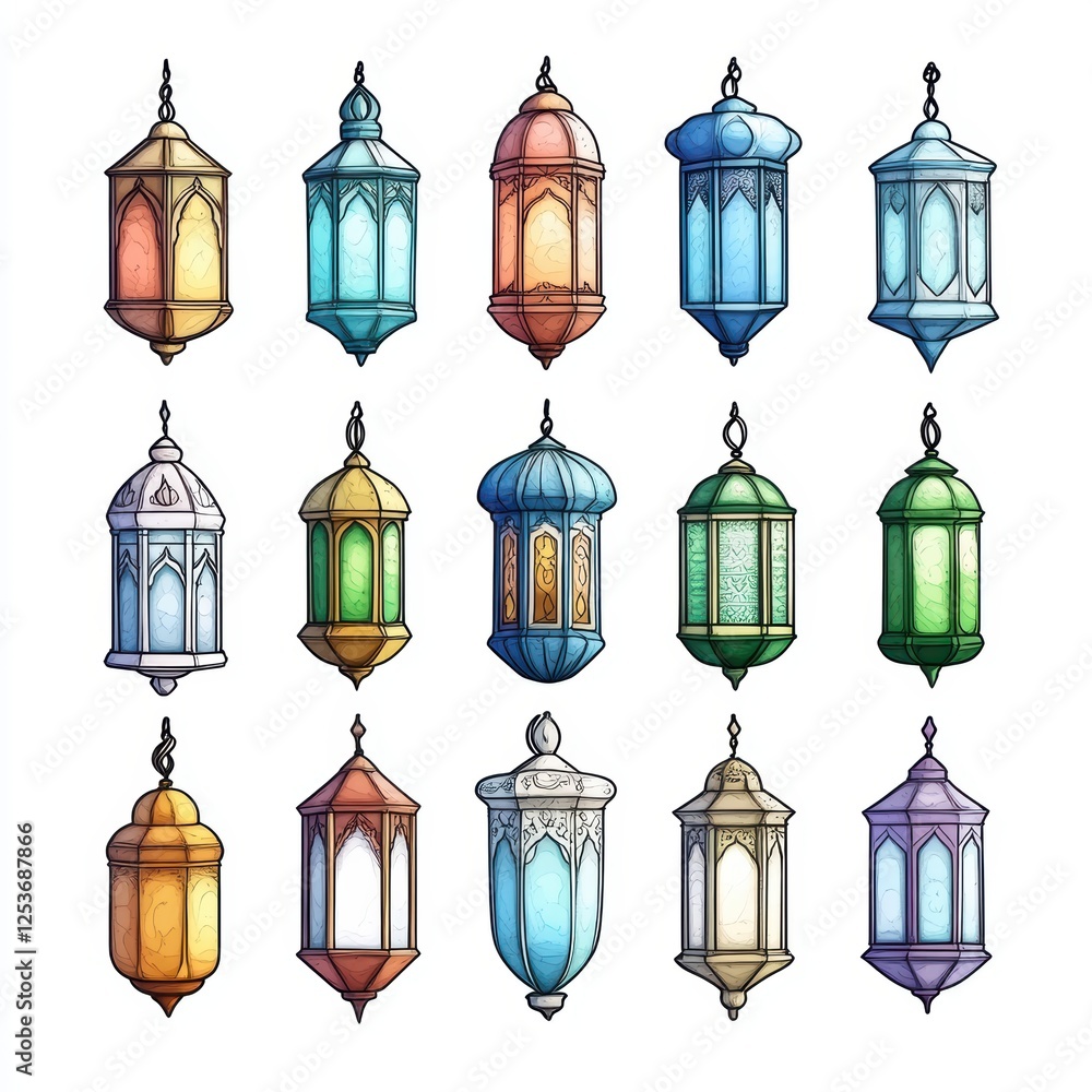 Obraz premium A vibrant collection of decorative lanterns in various colors and styles, showcasing intricate designs and glass patterns.