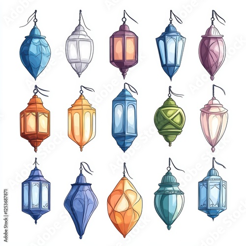 Colorful hanging lanterns in various shapes and designs, creating a vibrant decorative display.
