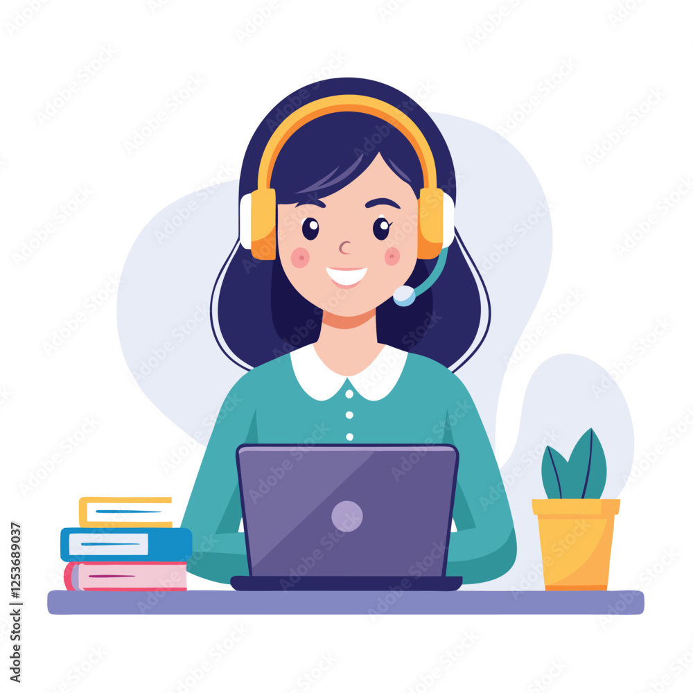 Woman in headphones, studying at laptop. Happy female student watching business webinar. Video conference call, remote work communication. Flat vector illustration isolated on white background Woman in headphones, studying at laptop. Happy female student watching business webinar. Video conference call, remote work communication. Flat vector illustration isolated on white background