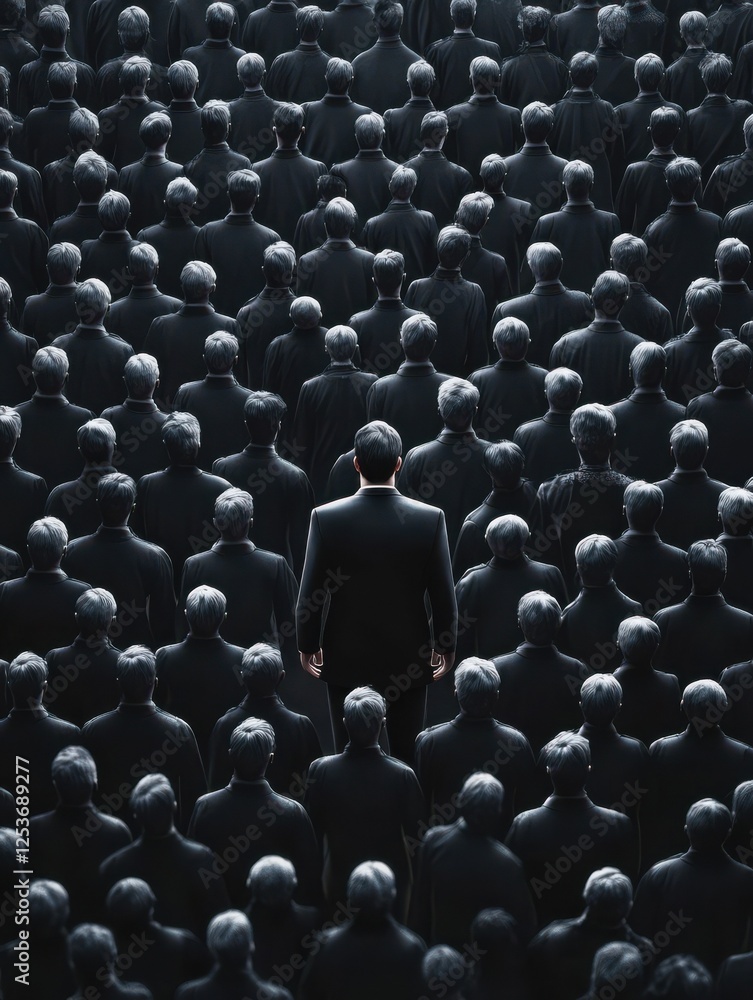 Obraz premium unique 3D illustration of leader standing out among crowd of identical figures, symbolizing individuality and leadership in sea of conformity