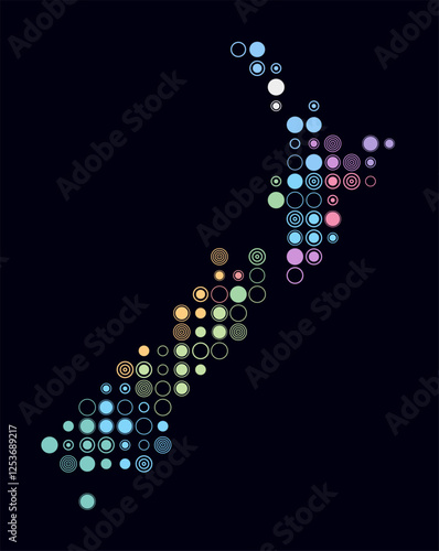 New Zealand, shape of the country build of colored cells. Digital style map of the New Zealand on dark background. Large size circle blocks. Beautiful vector illustration.