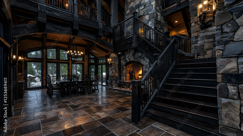 Fototapeta premium Luxurious mountain home interior, grand staircase, stone fireplace, dining area