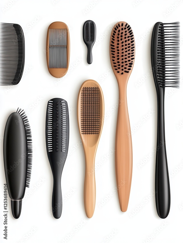 hair tools, beauty and hairdressing concept - different brushes or combs on white background hair tools, beauty and hairdressing concept - different brushes or combs on white background