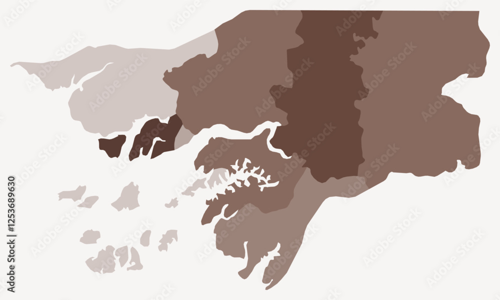 Map of Guinea-Bissau with regions. Just a simple country border map with region division. Brown color palette. Plain Guinea-Bissau shape with administrative division. Vector illustration. Map of Guinea-Bissau with regions. Just a simple country border map with region division. Brown color palette. Plain Guinea-Bissau shape with administrative division. Vector illustration.