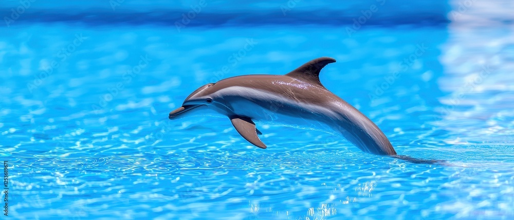 Fototapeta premium A dolphin leaps gracefully above the crystal-clear water, showcasing its agility and playful nature.