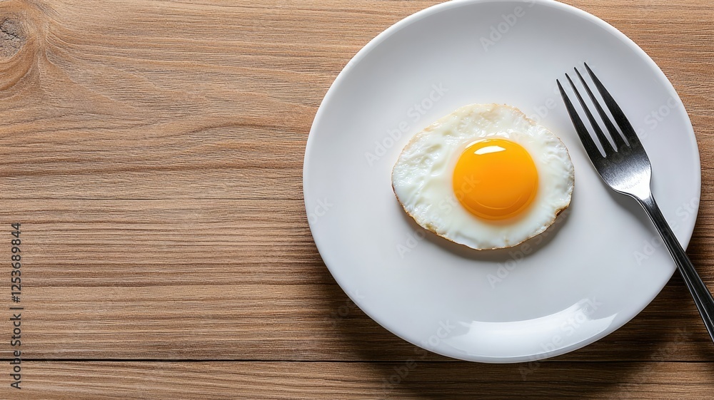 One fried egg on white plate with fork One fried egg on white plate with fork