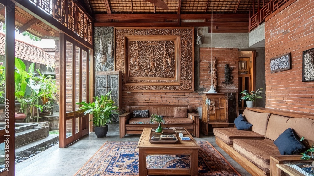 Serene Balinese Living Room: Traditional Wooden Architecture and Interior Design Serene Balinese Living Room: Traditional Wooden Architecture and Interior Design