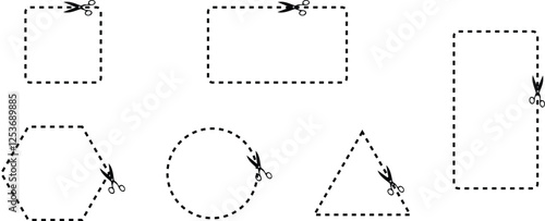 Geometric shapes with dotted lines and scissors coupon border vector.