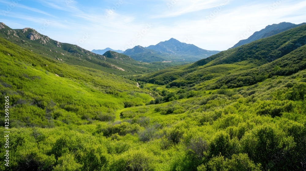 Fototapeta premium Scenic green valley with distant mountains and blue sky on sunny day