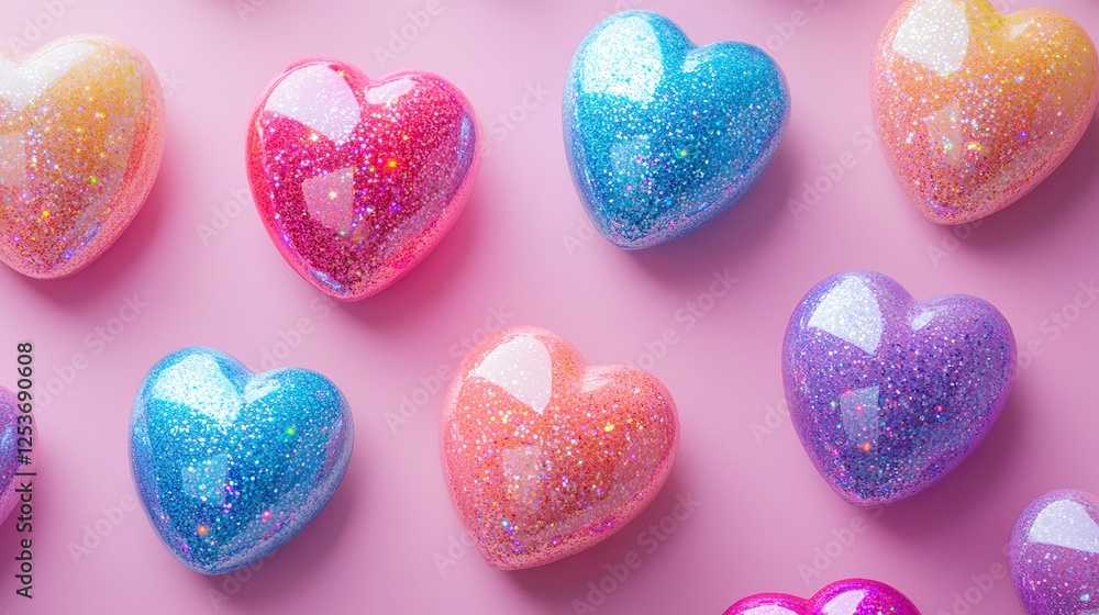 Obraz premium Vibrant heart-shaped sparkling ornaments creative studio digital art cheerful aesthetic top-down view playful design inspiration