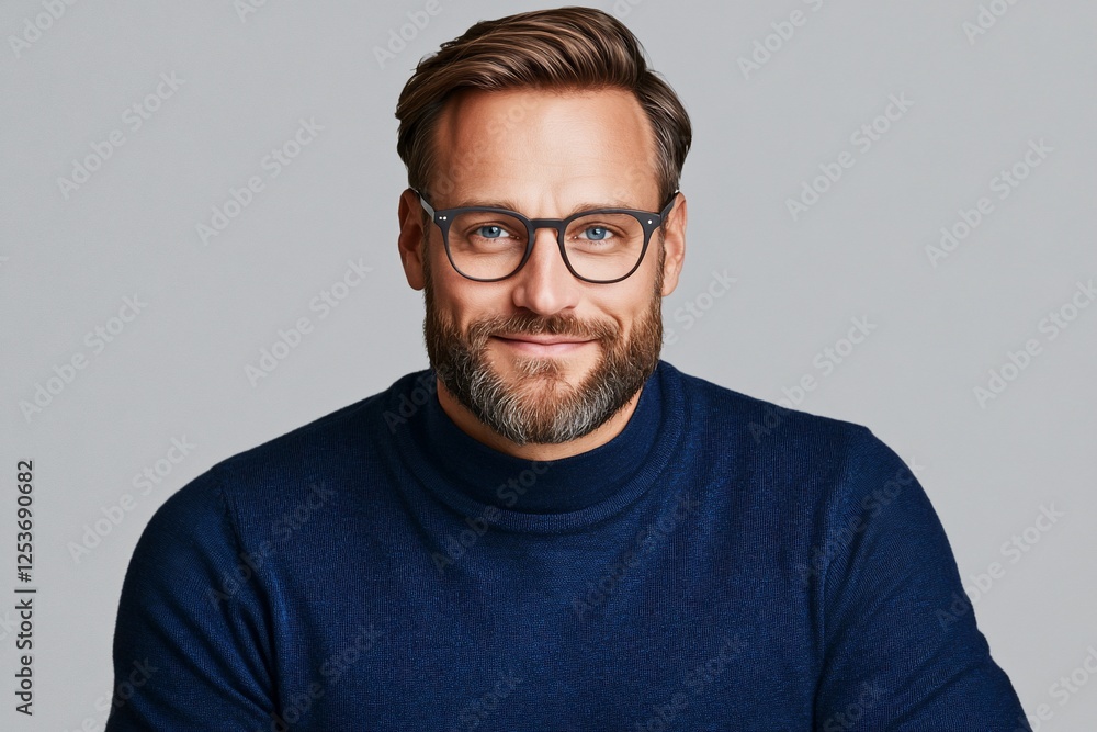 Man smiling, glasses, turtleneck, studio Man smiling, glasses, turtleneck, studio