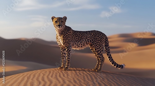 Desert Cheetah Majesty: A majestic cheetah, its spotted coat contrasting sharply against the rolling sand dunes of the desert, stands tall and proud under a vast, clear sky. photo