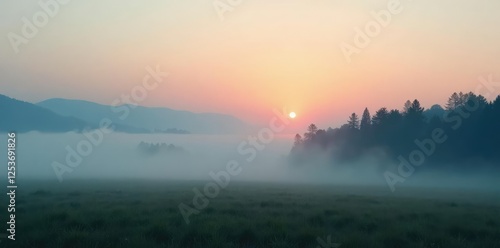 Misty fog envelops a serene landscape at dawn, gray gradient, sunrise, subtle atmosphere