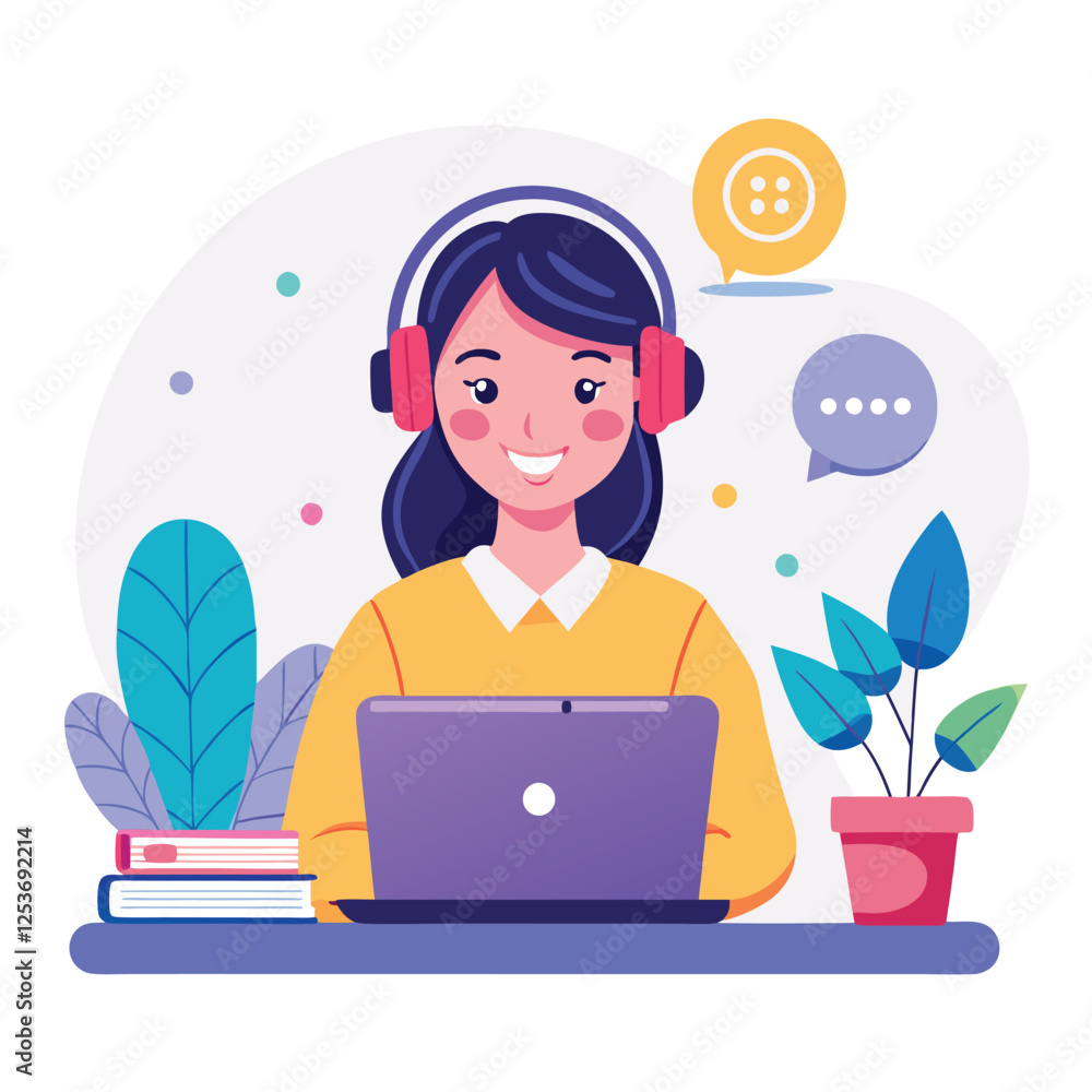 Woman in headphones, studying at laptop. Happy female student watching business webinar. Video conference call, remote work communication. Flat vector illustration isolated on white background Woman in headphones, studying at laptop. Happy female student watching business webinar. Video conference call, remote work communication. Flat vector illustration isolated on white background