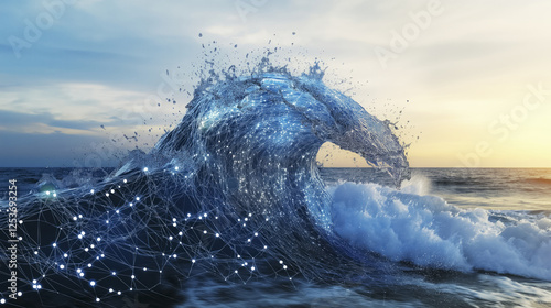 digital wave made of interconnected data points rises against serene ocean backdrop, symbolizing fusion of technology and nature