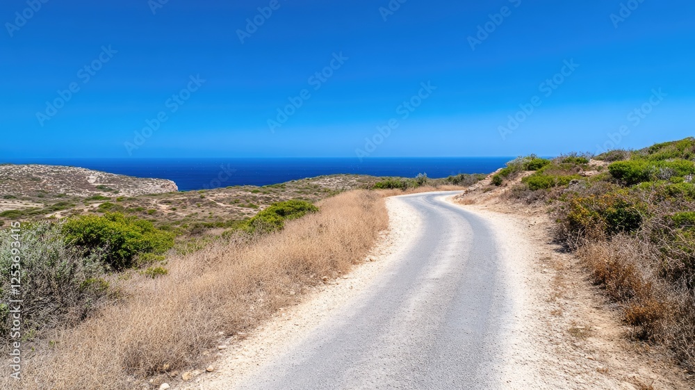 Winding coastal road with ocean view on sunny day Winding coastal road with ocean view on sunny day