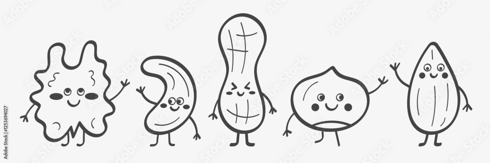 Sketch of cartoon smiling nuts. Funny characters. Organic healthy products for snack Sketch of cartoon smiling nuts. Funny characters. Organic healthy products for snack